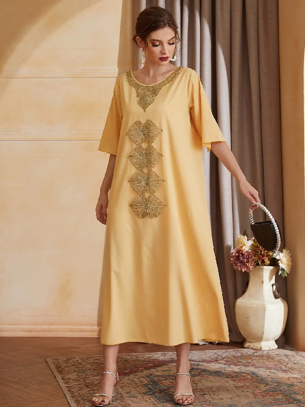 Plain Half Sleeve Round Neck Straight Natural Midi Dress