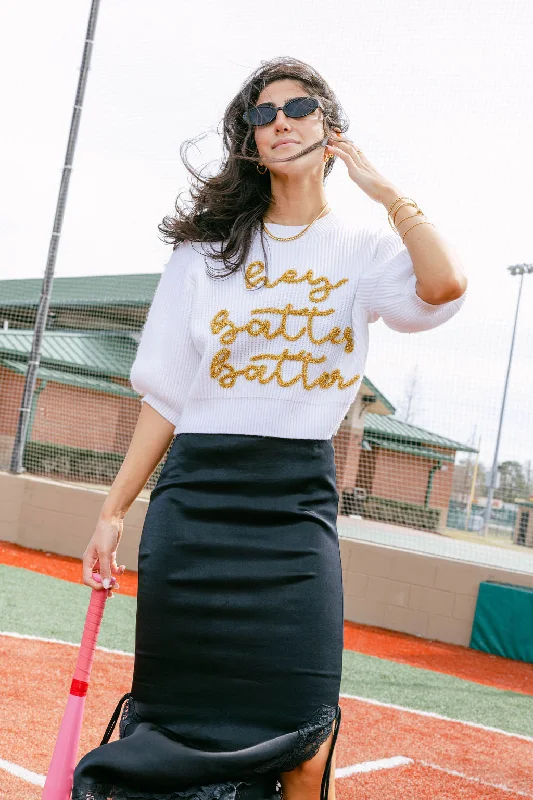 White 'Hey Batter Batter' Glitter Script Sweater