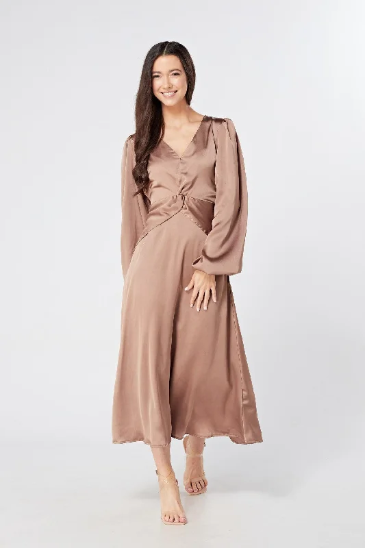 Calissa Brown Satin-feel Folded Body Midaxi Dress