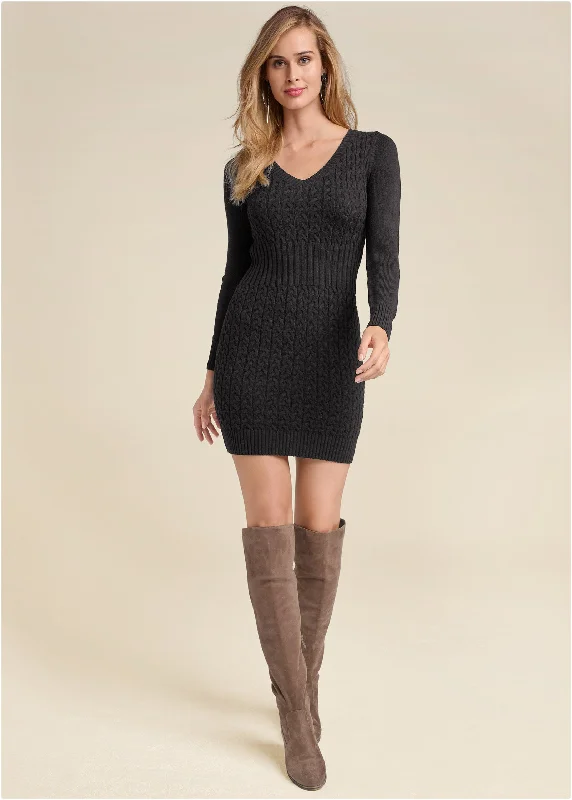 Cable Knit Sweater Dress - Black