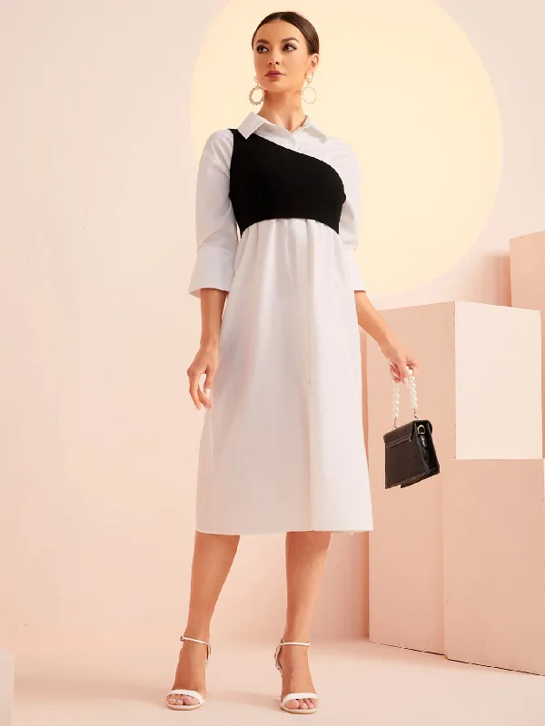 Colorblock Button Three Quarter Length Sleeve Collar Flared High Waist Midi Dress