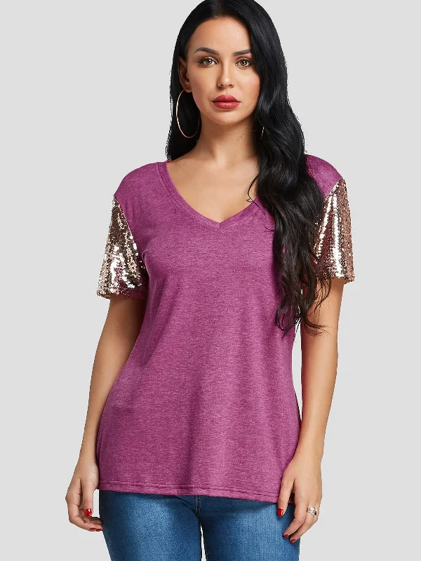 Custom V-Neck Sequins Embellished Short Sleeve T-Shirts