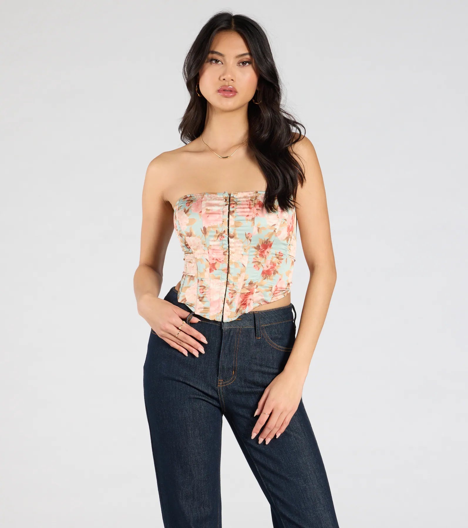 Floral Aesthetic Lace-Up Satin Corset Top