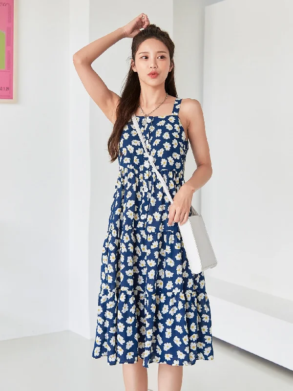 All Over Print Button Front Sleeveless Straps Flounce High Waist Midi Dress