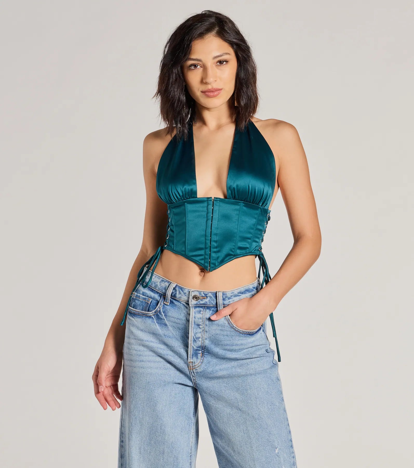 Edgy Luxe Satin Halter Cropped Corset Top