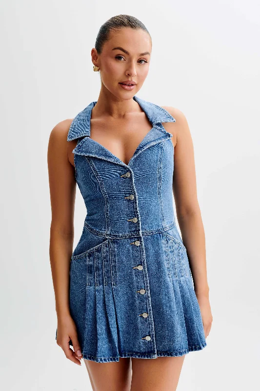 Porter Collared Denim Mini Dress - 70'S Blue