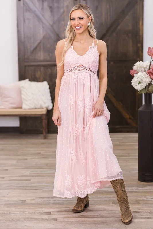 Dusty Rose Crochet Lace Bodice Maxi Dress