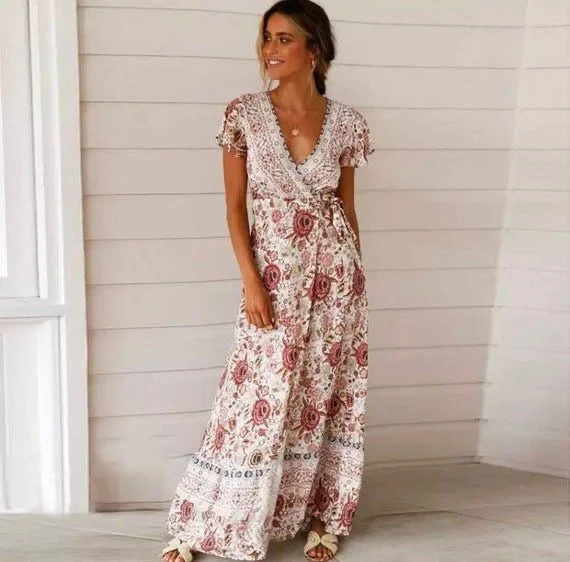 Boho Floral Summer Maxi Dress for Women, Bohemian Summer Dress