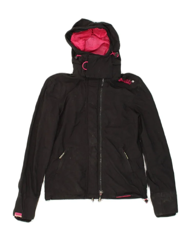 SUPERDRY Womens Hooded Rain Jacket UK 10 Small Black Nylon