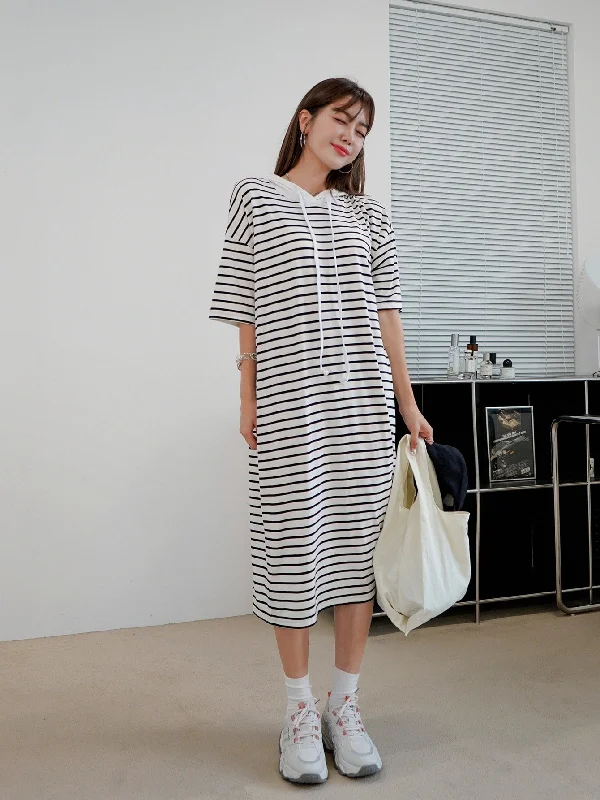 Striped Drawstring Half Sleeve Hooded Straight Midi Dress