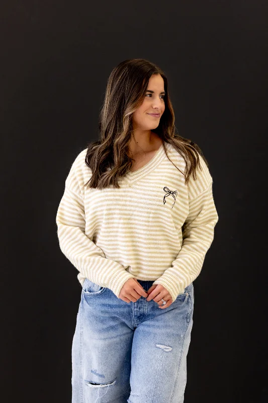 Sophie Striped Bow Sweater | Taupe/White