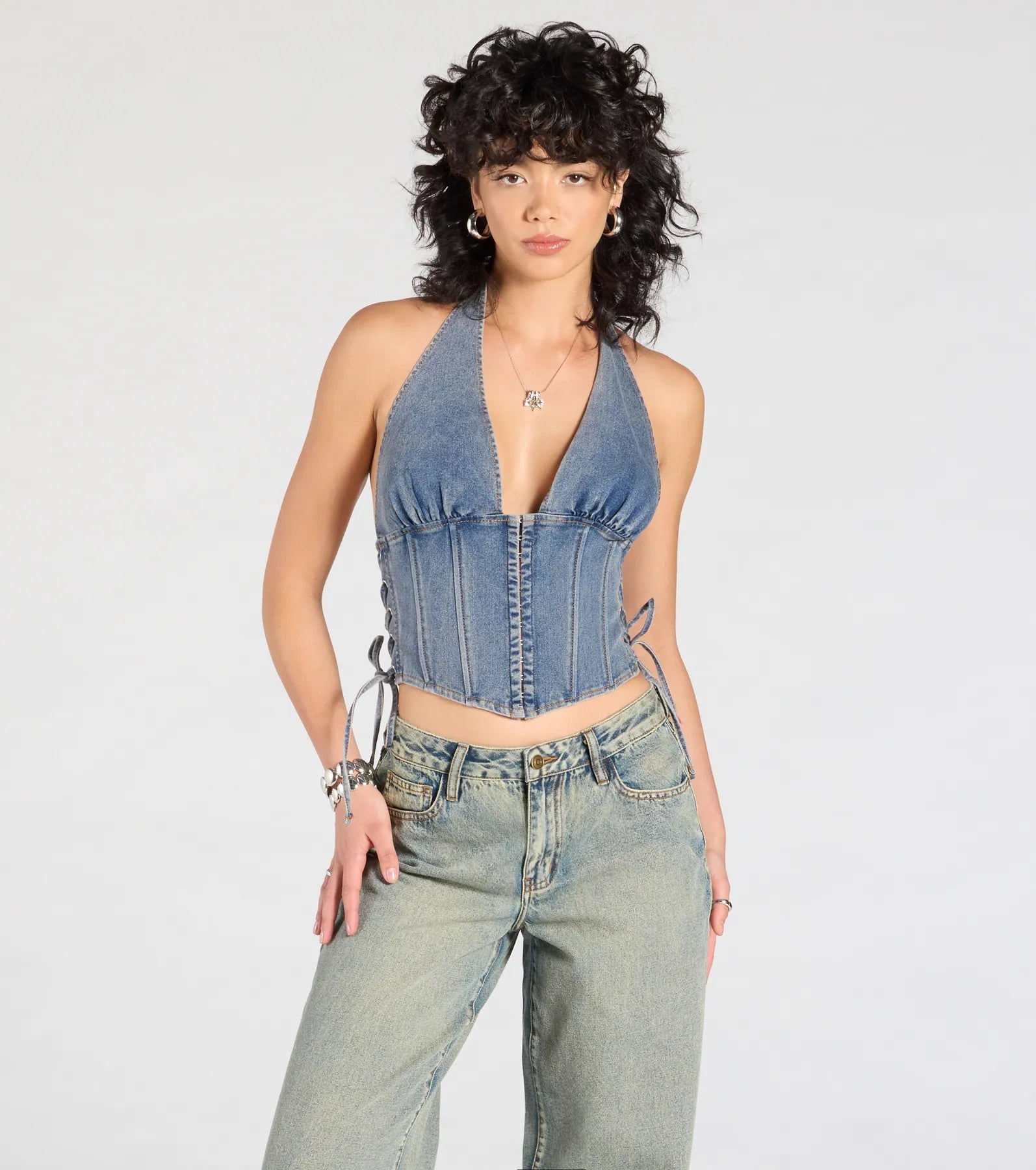 The New Classic Halter Lace-Up Denim Corset Top