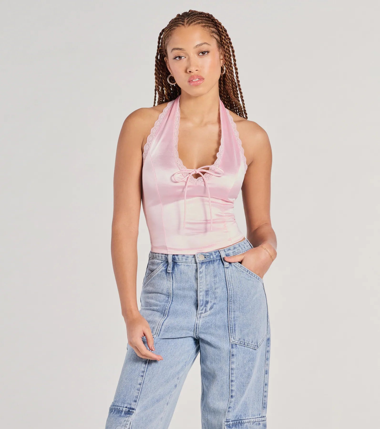 Lace Be Real Halter Satin Crop Top