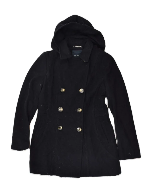 NAUTICA Womens Hooded Double Breasted Coat UK 6 XS Navy Blue Wool