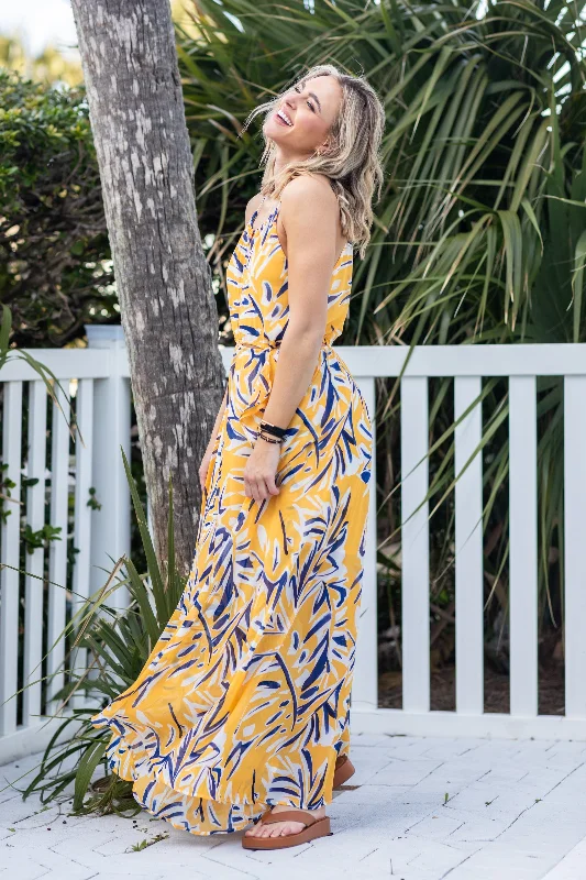 Yellow Printed Maxi Halter Dress With Slit