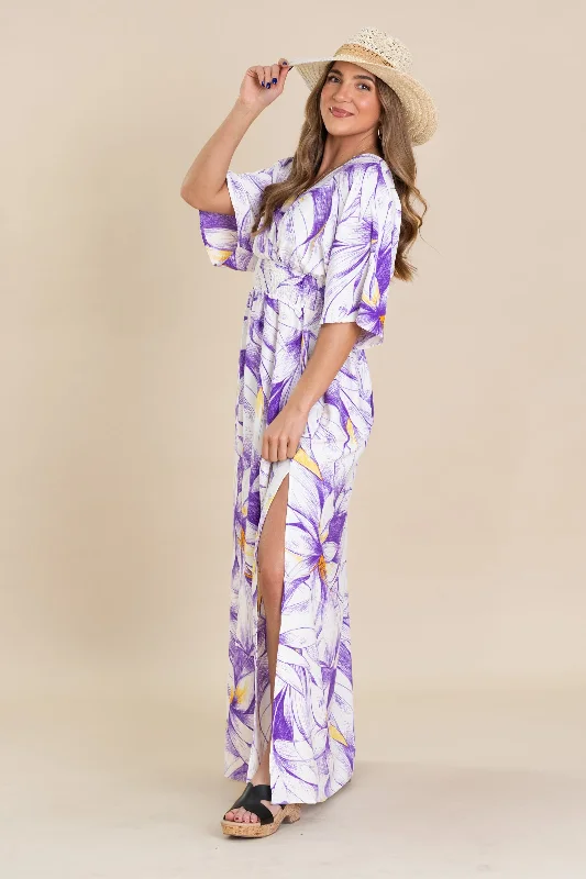 Purple And Off White Floral Print Maxi Dress