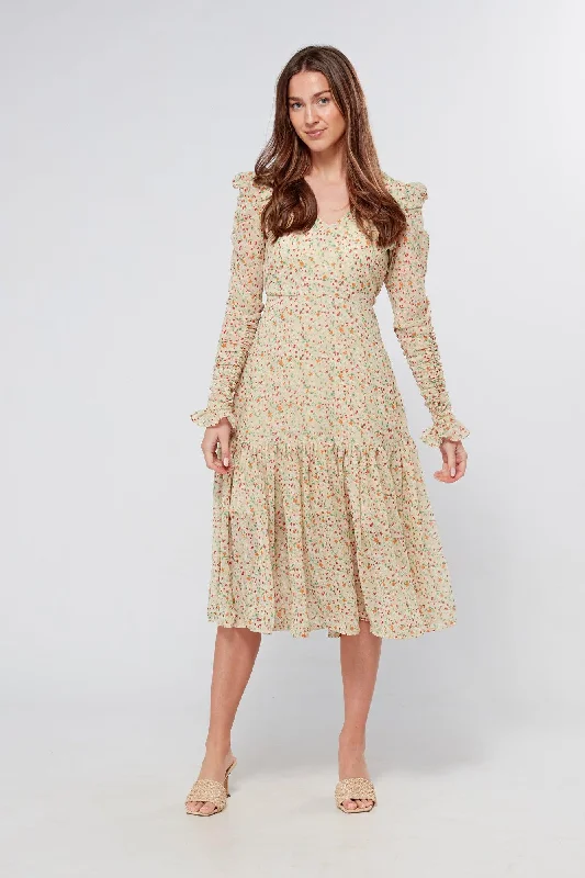 Asteria floral Midi Dress with Ruched Sleeve