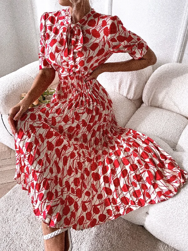 All Over Print Plicated Half Sleeve Tie Neck Flared High Waist Midi Dress