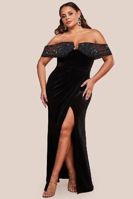 Goddiva Plus Off Shoulder Hotfix Diamante Wing Velvet Maxi Dress