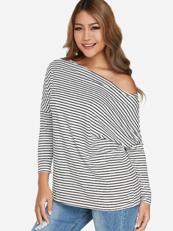 Custom One Shoulder Stripe Long Sleeve T-Shirts