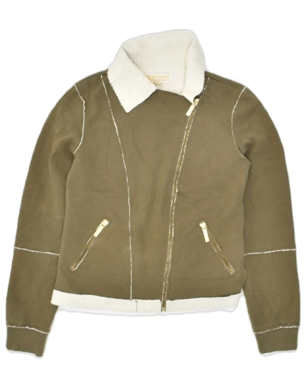 MICHAEL KORS Womens Sherpa Bomber Jacket UK 6 XS Khaki Polyester