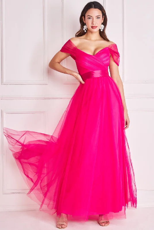 Goddiva Pleated Off Shoulder Bardot Princess Maxi Dress