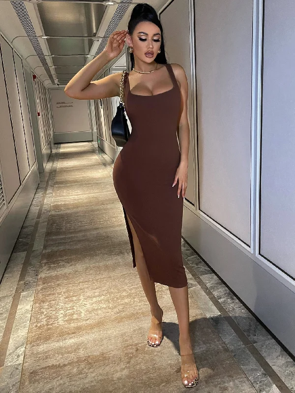 Plain Split Thigh Sleeveless Scoop Neck Slit Natural Midi Dress