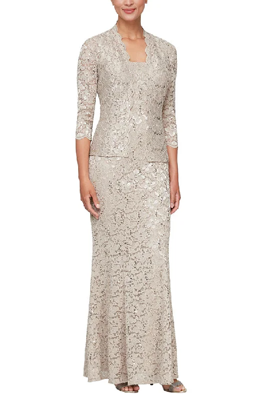 Long Fit and Flare Sequin Lace Dress with Scoop Neckline and Scallop Detail Open Jacket