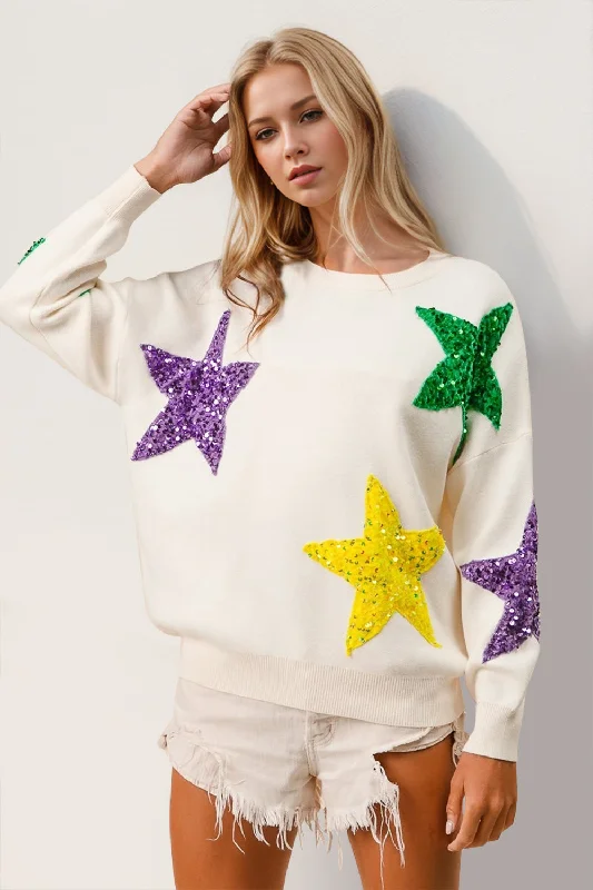 Sequin Star Round Neck Dropped Shoulder Sweater