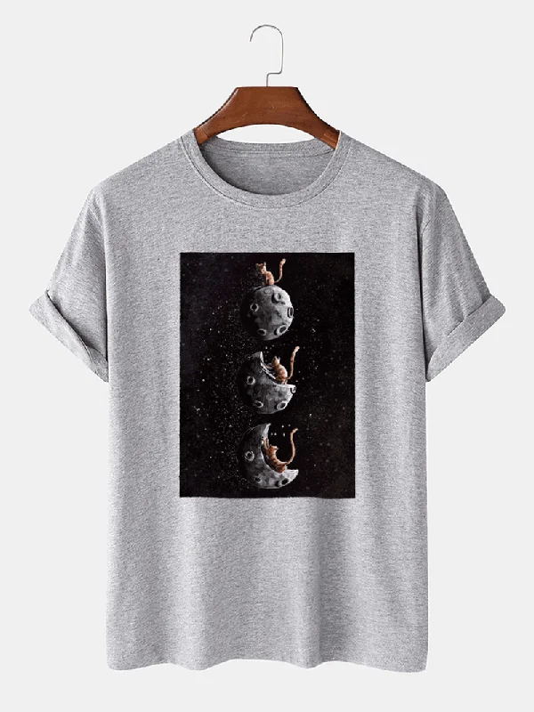 Mens 100% Cotton Space Cat Graphic Print Casual Short Sleeve T-Shirt