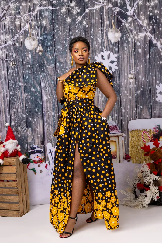 Adeola Ankara Maxi Dress |Yellow and Black African Print