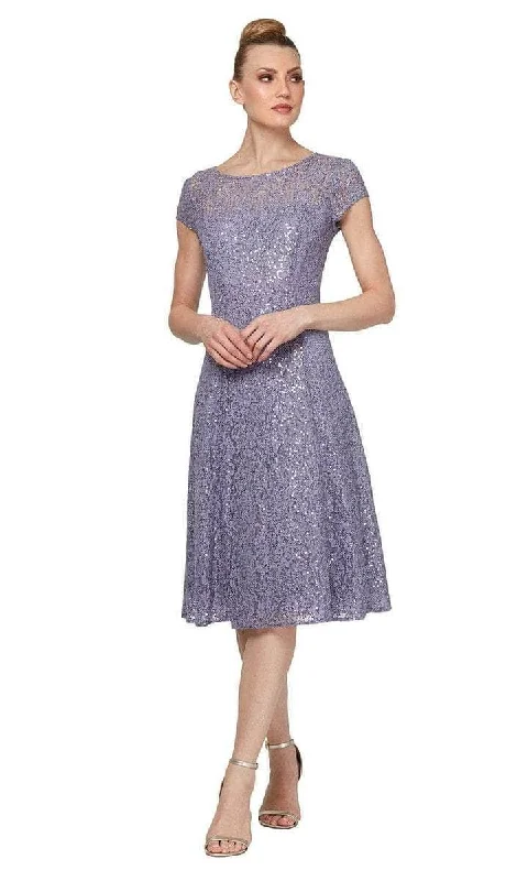 SLNY - 9119129 Embroidered Scoop Neck Tea Length Dress