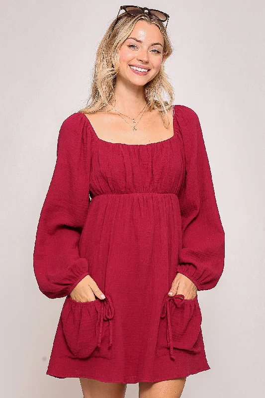 NEW LACIE POCKETED MINI BABYDOLL DRESS (BURGUNDY)