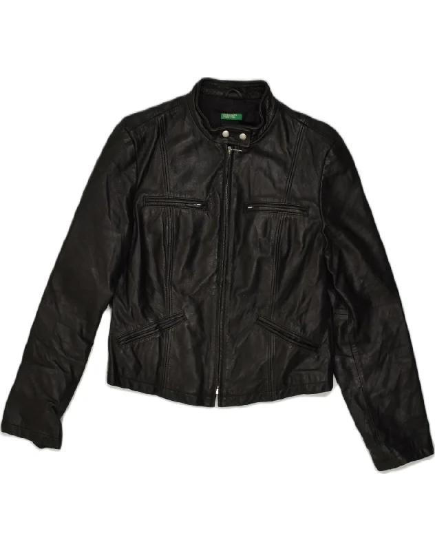 BENETTON Womens Leather Jacket IT 46 Large Black Leather