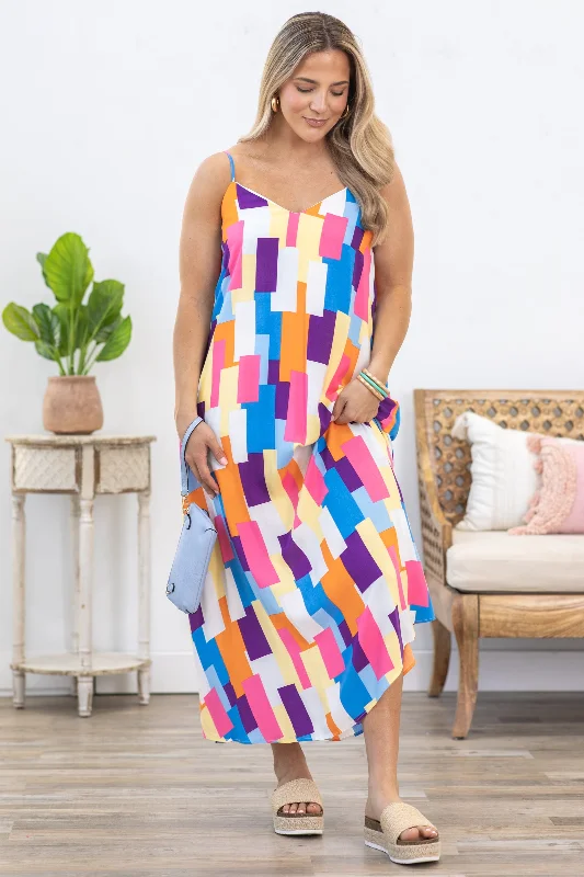 Purple Multicolor Square Print Maxi Dress