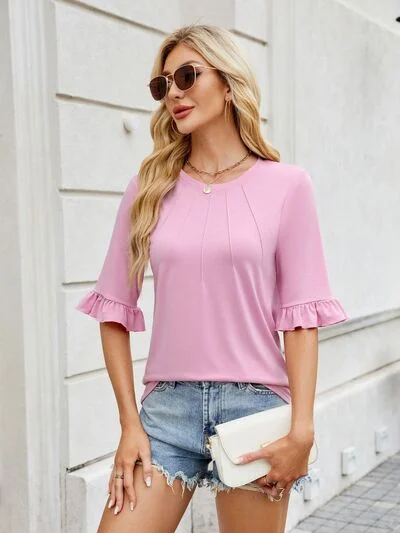 Florira Round Neck Ruffled Half Sleeve T-Shirt