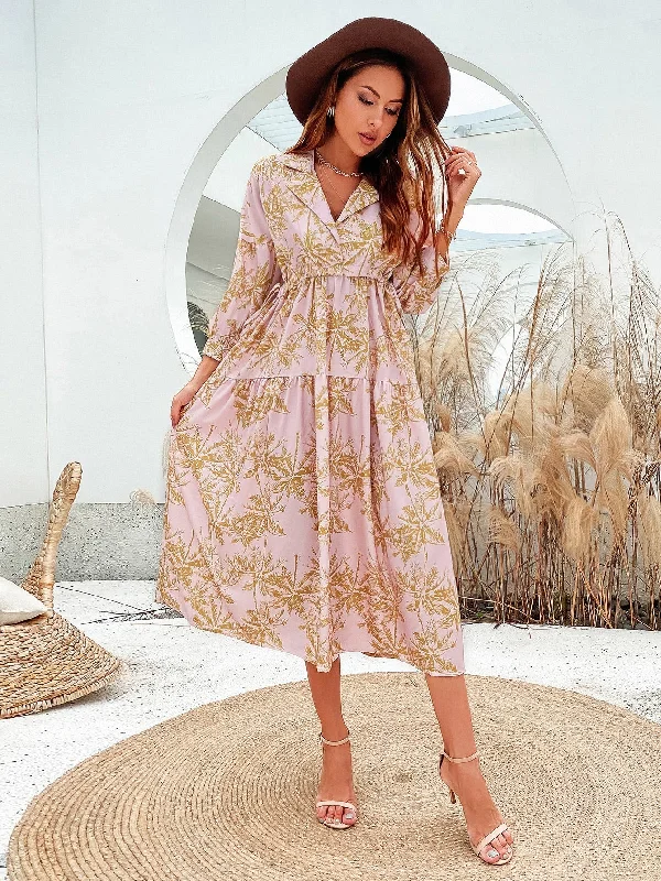 All Over Print Three Quarter Length Sleeve Lapel Flared High Waist Midi Dress