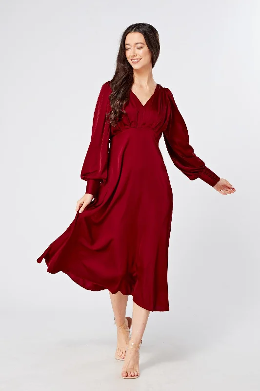 Nora Deep Red Satin Midi Dress With Long Sleeves